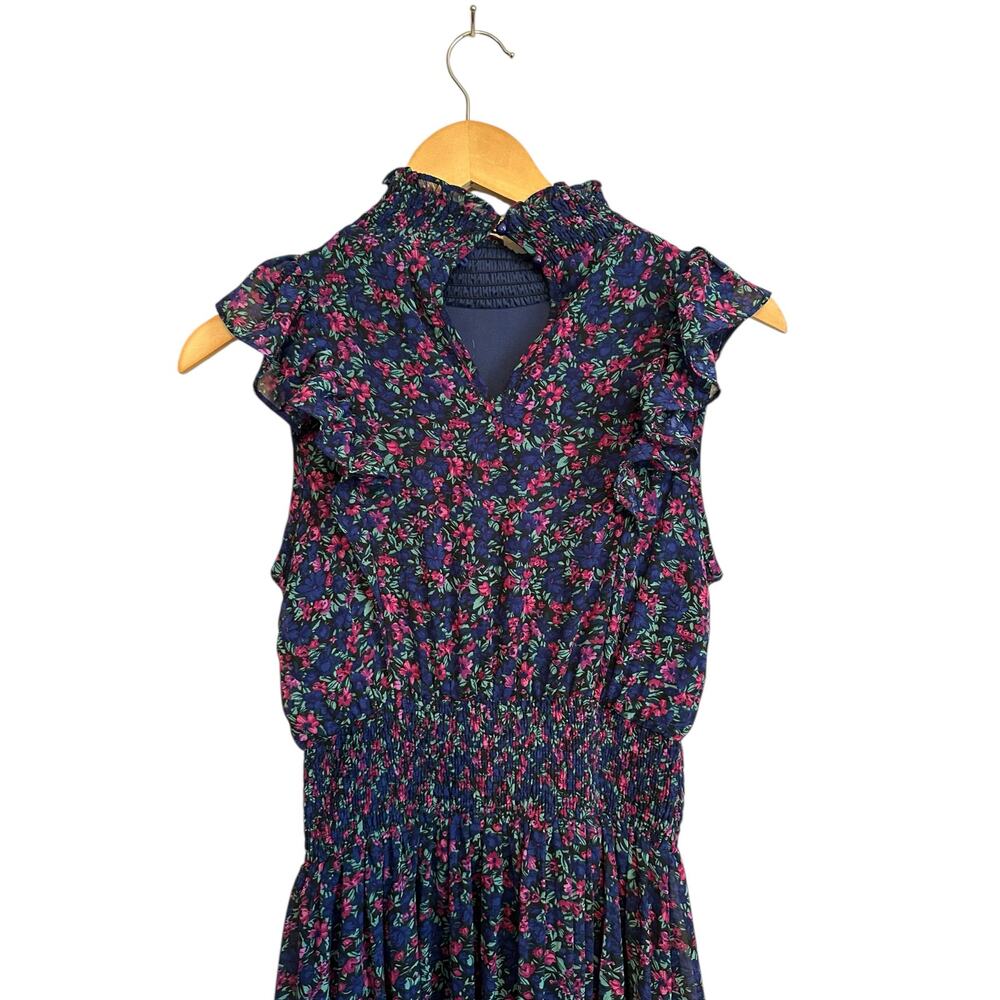 Lulus Evalina Navy Blue Floral Print Mock Neck Sleeveless Ruffle Midi Dress XS - Picture 11 of 16